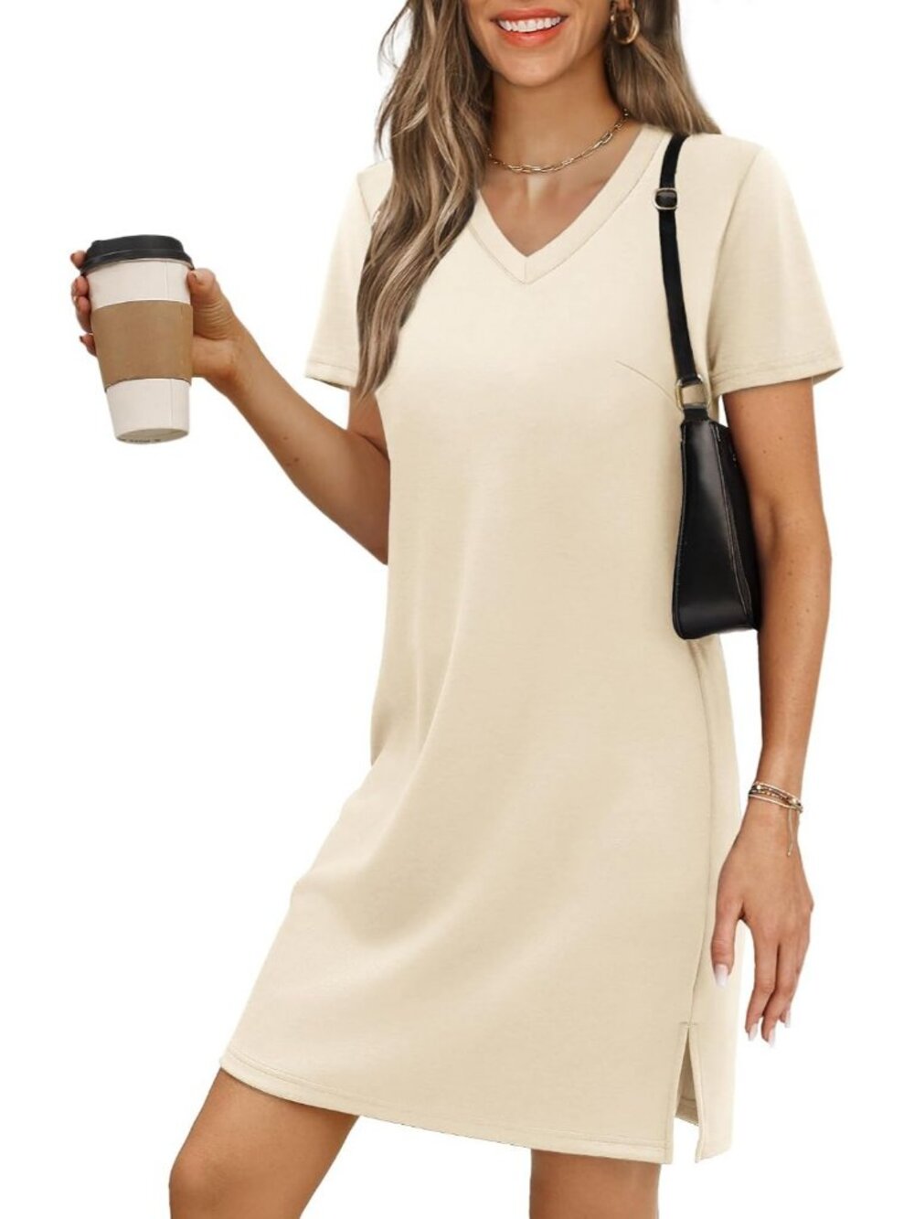 Women Beige Polyester Blend Short Sleeve V Neck Pull On Casual Mini Dress